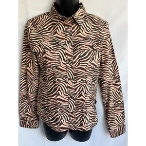 EV Jeans Retro Animal Zebra Print Snap Button Down Long Sleeve Top XS Brown Pink